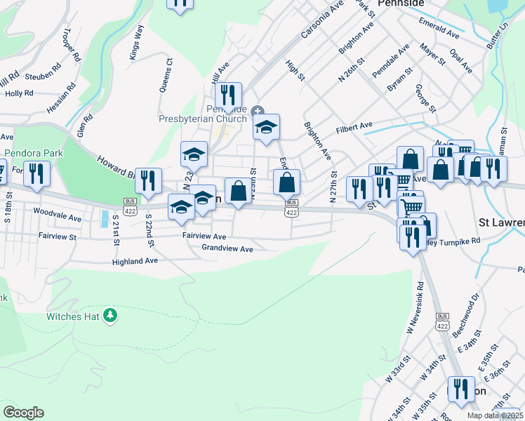 map of restaurants, bars, coffee shops, grocery stores, and more near 2518 Perkiomen Avenue in Reading