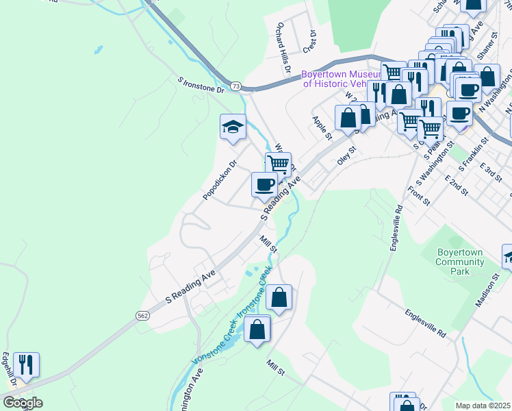 map of restaurants, bars, coffee shops, grocery stores, and more near 101 Indian Spring Road in Boyertown