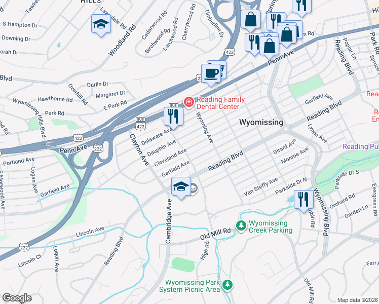 map of restaurants, bars, coffee shops, grocery stores, and more near 1602 Cleveland Avenue in Wyomissing
