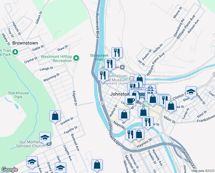 map of restaurants, bars, coffee shops, grocery stores, and more near 120 Main St in Johnstown