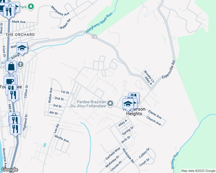 map of restaurants, bars, coffee shops, grocery stores, and more near 130 Willow Lane in Follansbee