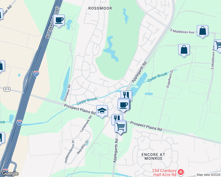 map of restaurants, bars, coffee shops, grocery stores, and more near 338B Narragansett Lane in Monroe Township