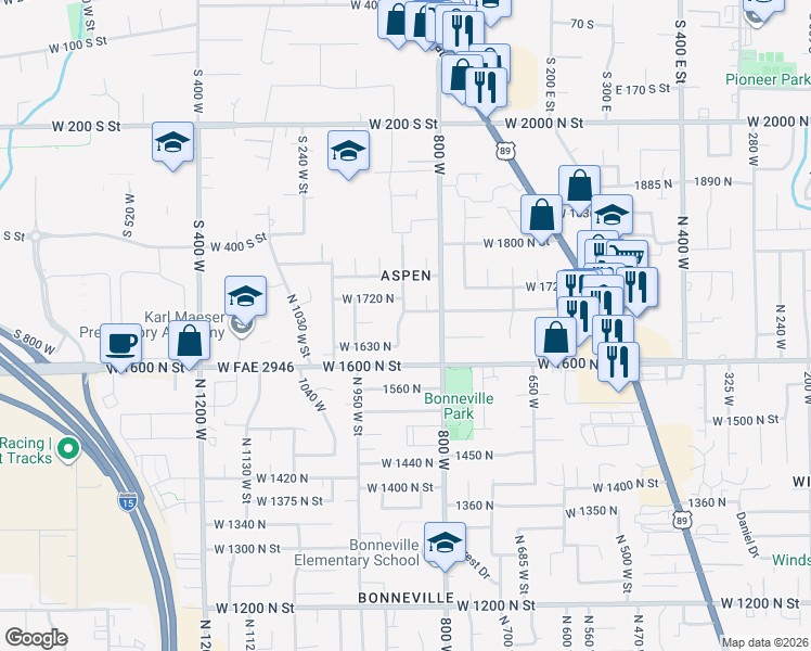 map of restaurants, bars, coffee shops, grocery stores, and more near 1672 North 850 West in Orem