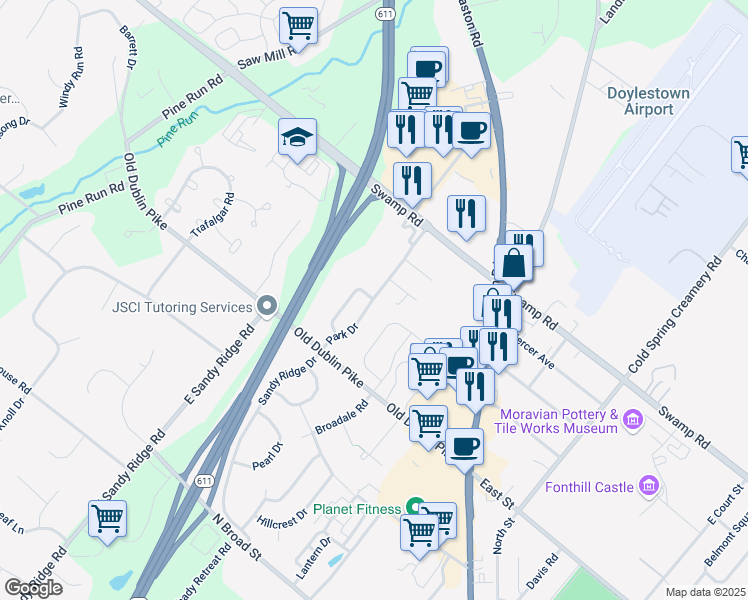 map of restaurants, bars, coffee shops, grocery stores, and more near 101 Park Drive in Doylestown