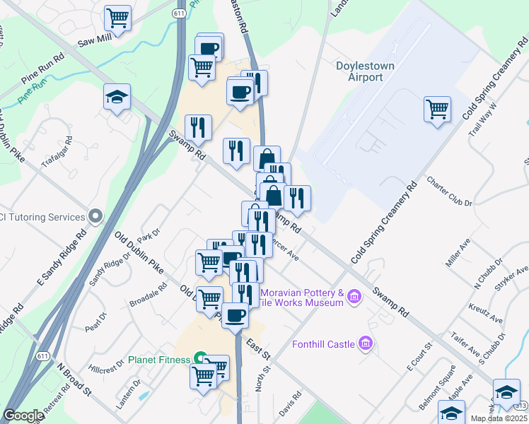 map of restaurants, bars, coffee shops, grocery stores, and more near 695 North Main Street in Doylestown