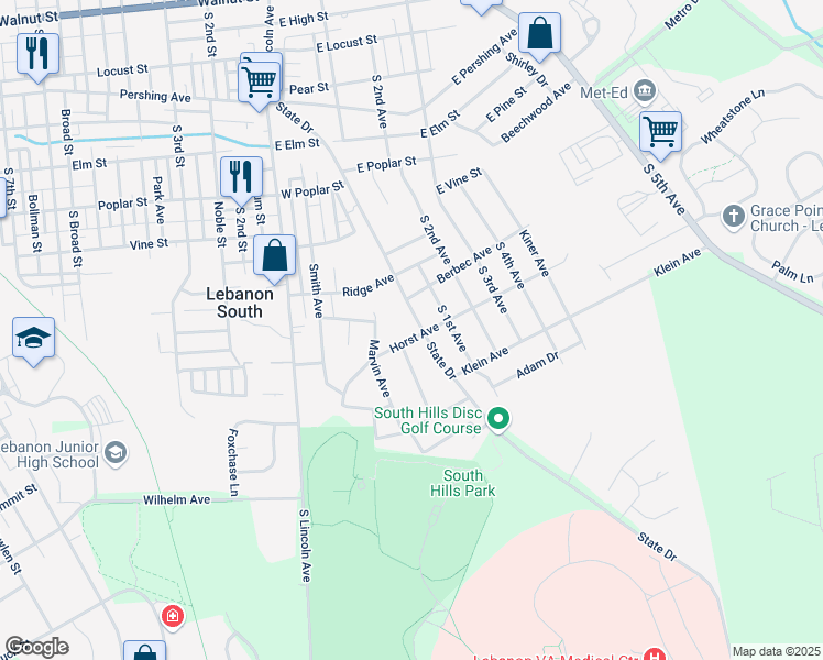 map of restaurants, bars, coffee shops, grocery stores, and more near 39 Horst Avenue in Lebanon