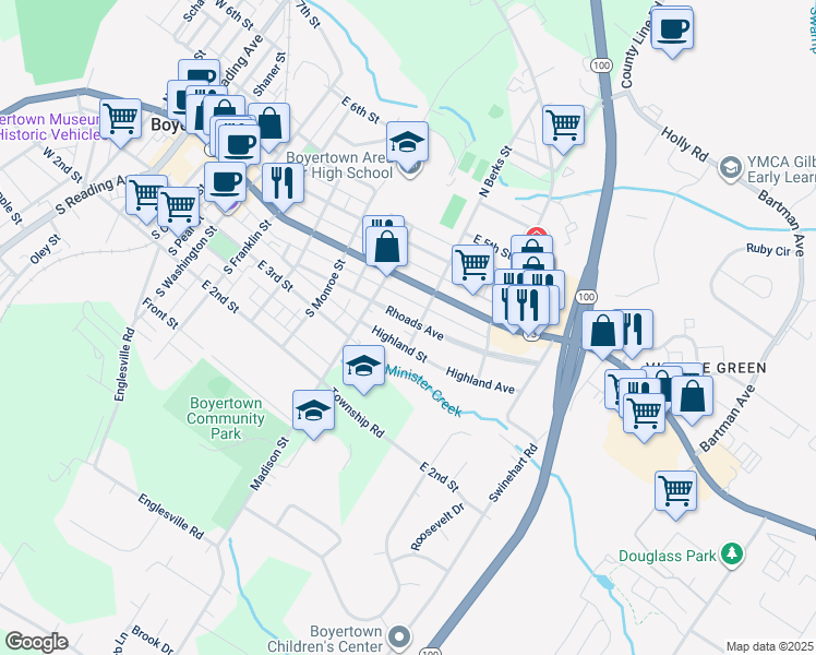 map of restaurants, bars, coffee shops, grocery stores, and more near 644 Rhoads Avenue in Boyertown