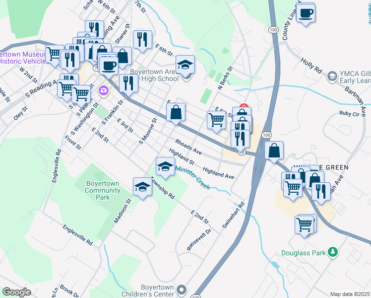 map of restaurants, bars, coffee shops, grocery stores, and more near 644 Rhoads Avenue in Boyertown