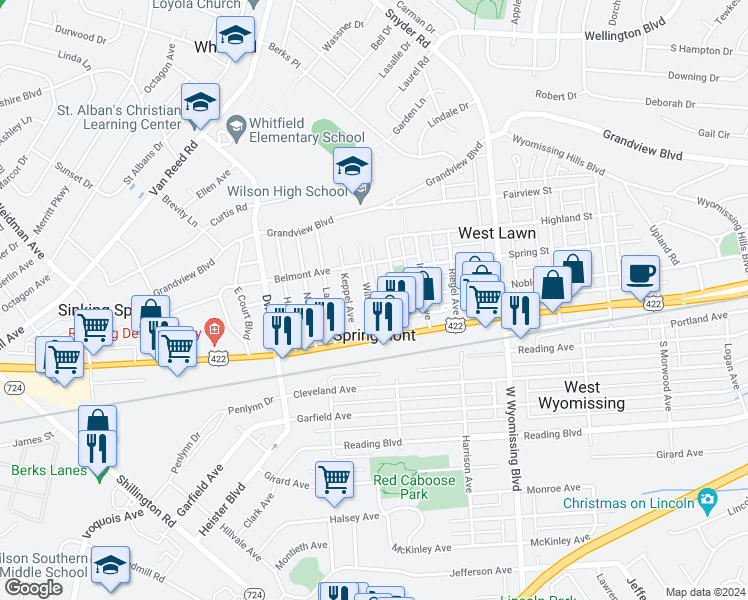 map of restaurants, bars, coffee shops, grocery stores, and more near 35 Wilson Street in West Lawn
