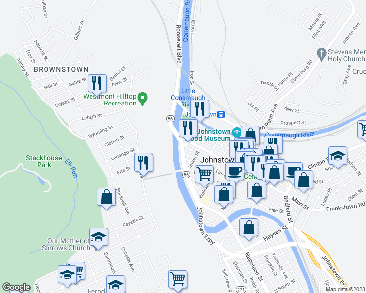 map of restaurants, bars, coffee shops, grocery stores, and more near 299 Johns Street in Johnstown
