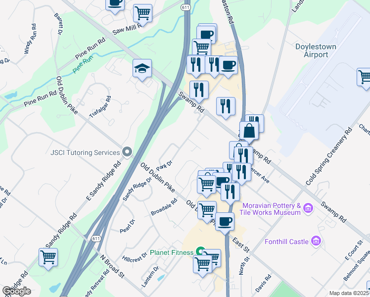 map of restaurants, bars, coffee shops, grocery stores, and more near 101 Park Drive in Doylestown