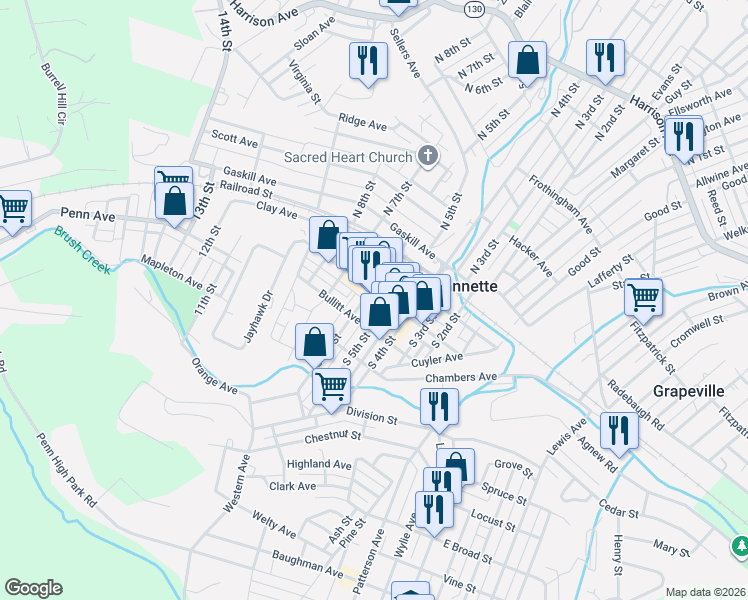 map of restaurants, bars, coffee shops, grocery stores, and more near in Jeannette