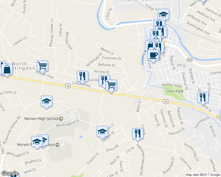 map of restaurants, bars, coffee shops, grocery stores, and more near 10531 Center Highway in Irwin