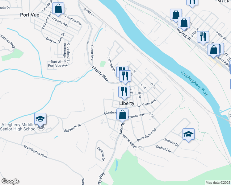 map of restaurants, bars, coffee shops, grocery stores, and more near 2804 I Street in McKeesport