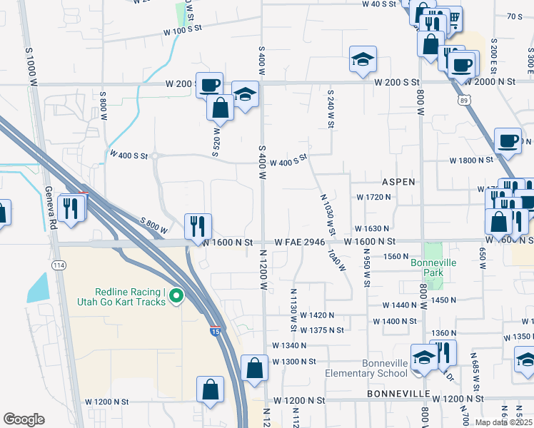 map of restaurants, bars, coffee shops, grocery stores, and more near 521 South 400 West in Lindon