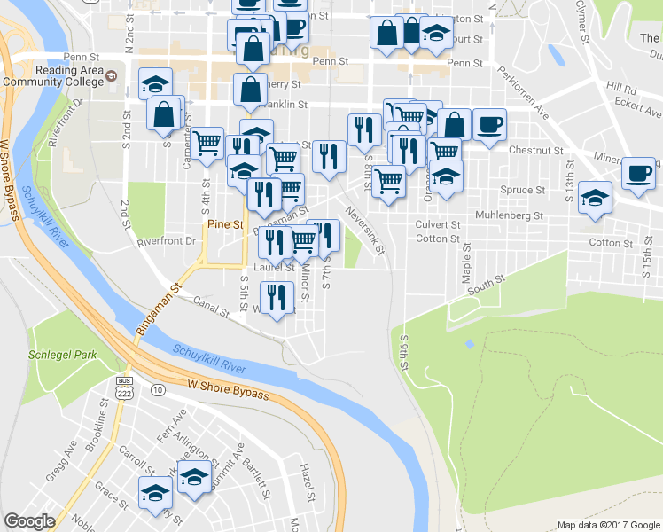map of restaurants, bars, coffee shops, grocery stores, and more near 451 South 7th Street in Reading