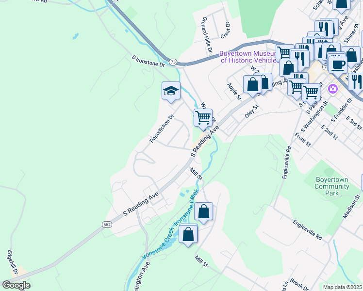 map of restaurants, bars, coffee shops, grocery stores, and more near 101 Indian Spring Road in Boyertown