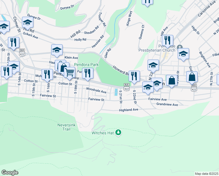 map of restaurants, bars, coffee shops, grocery stores, and more near 2000 Perkiomen Avenue in Reading
