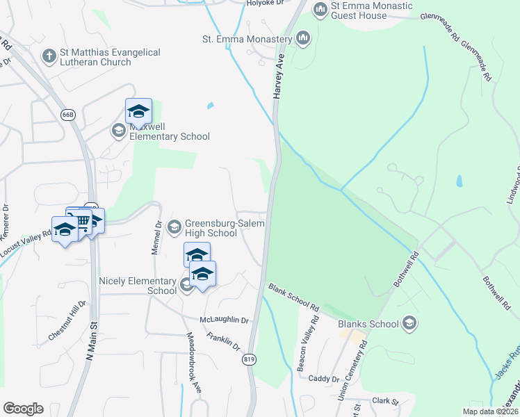 map of restaurants, bars, coffee shops, grocery stores, and more near 133 Beechwood Drive in Greensburg