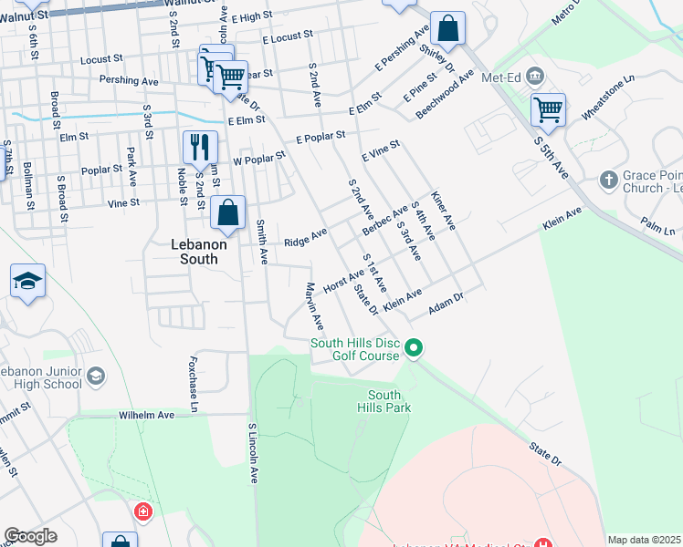 map of restaurants, bars, coffee shops, grocery stores, and more near 39 Horst Avenue in Lebanon