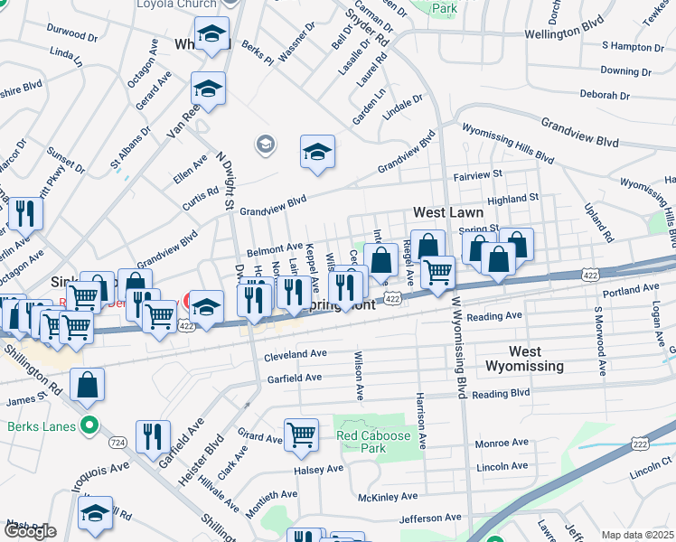 map of restaurants, bars, coffee shops, grocery stores, and more near 35 Wilson Street in West Lawn