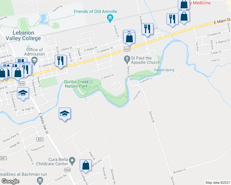 map of restaurants, bars, coffee shops, grocery stores, and more near 126 Woodside Court in Annville