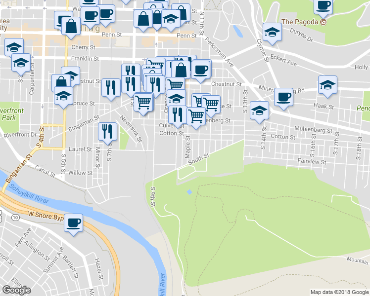map of restaurants, bars, coffee shops, grocery stores, and more near 536 Maple Street in Reading