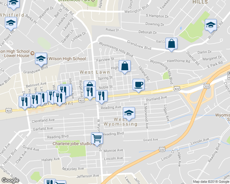 map of restaurants, bars, coffee shops, grocery stores, and more near 2137 Penn Avenue in West Lawn