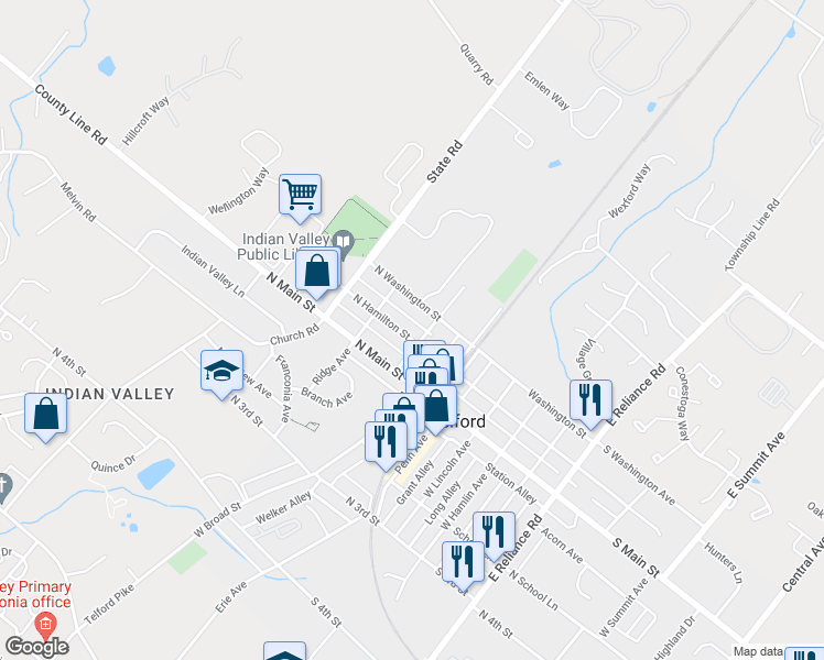 map of restaurants, bars, coffee shops, grocery stores, and more near 237 N Hamilton St in Telford