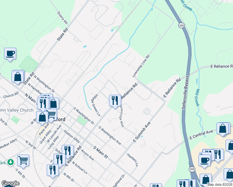 map of restaurants, bars, coffee shops, grocery stores, and more near 401 East Reliance Road in Telford