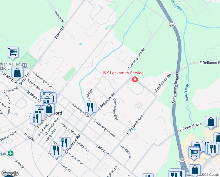 map of restaurants, bars, coffee shops, grocery stores, and more near 401 East Reliance Road in Telford