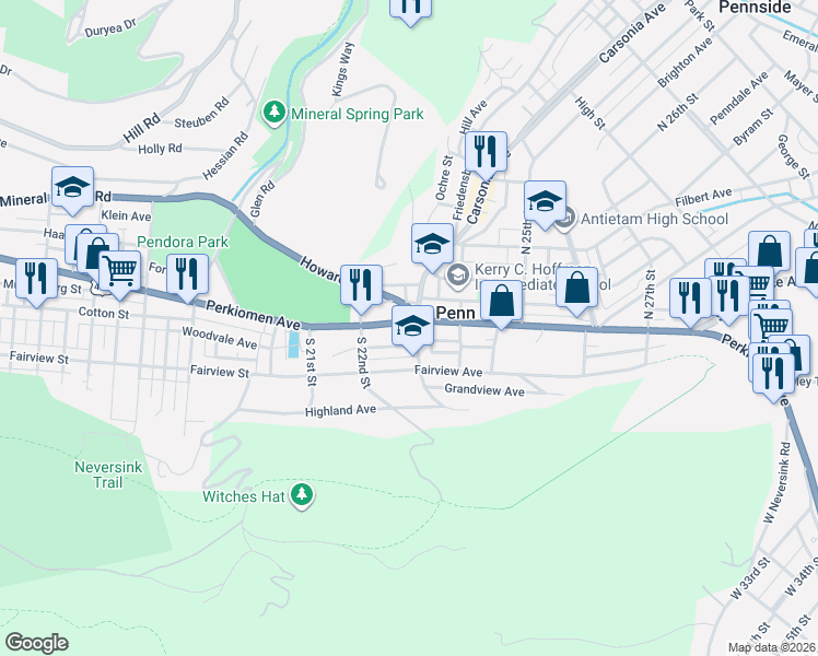 map of restaurants, bars, coffee shops, grocery stores, and more near 2234 Perkiomen Avenue in Mount Penn
