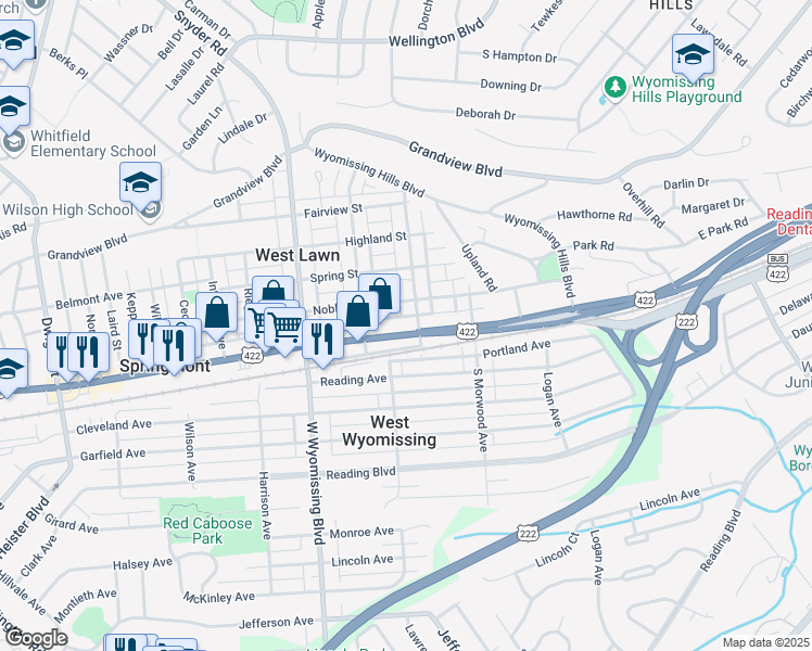 map of restaurants, bars, coffee shops, grocery stores, and more near 2103 U.S. 422 in West Lawn