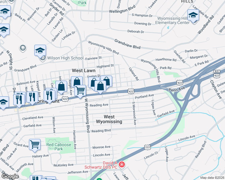 map of restaurants, bars, coffee shops, grocery stores, and more near 2103 U.S. 422 in West Lawn