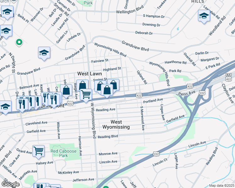 map of restaurants, bars, coffee shops, grocery stores, and more near 2103 U.S. 422 in West Lawn