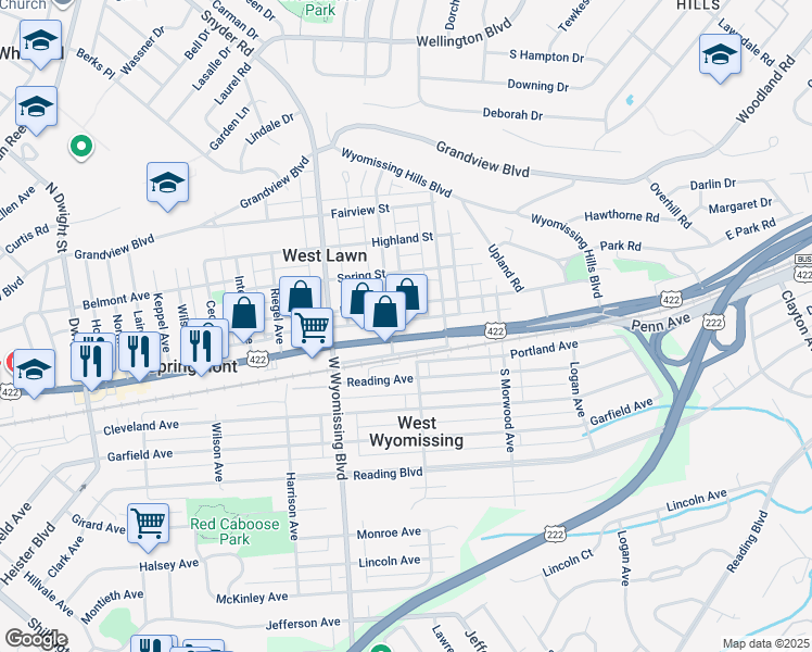 map of restaurants, bars, coffee shops, grocery stores, and more near 2137 Penn Avenue in West Lawn