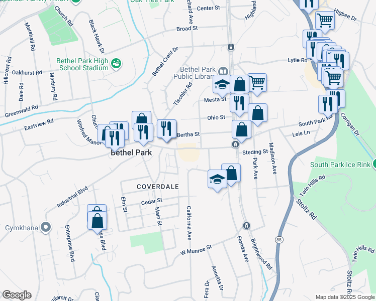 map of restaurants, bars, coffee shops, grocery stores, and more near 2765 South Park Road in Bethel Park