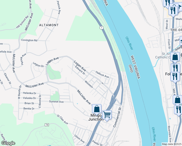 map of restaurants, bars, coffee shops, grocery stores, and more near 643 Logan Avenue in Mingo Junction