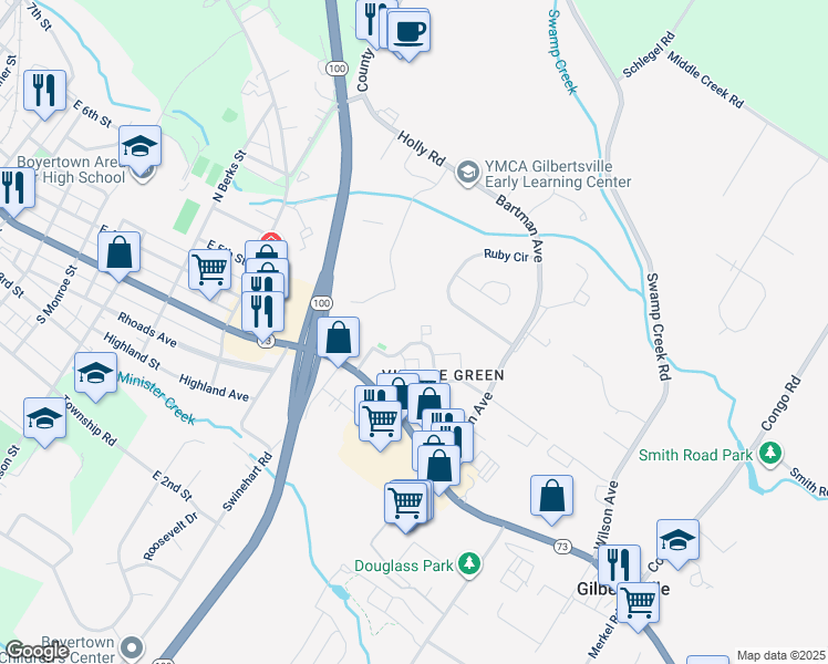 map of restaurants, bars, coffee shops, grocery stores, and more near 1002 Village Green Drive in Gilbertsville