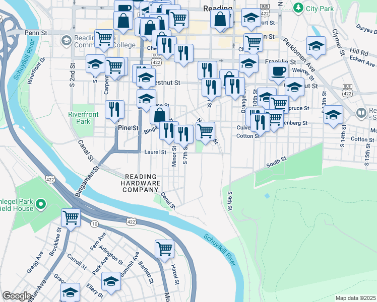 map of restaurants, bars, coffee shops, grocery stores, and more near 449 South 7th Street in Reading