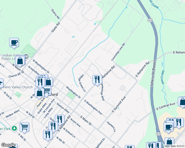 map of restaurants, bars, coffee shops, grocery stores, and more near 65 Whethersfield Circle in Telford