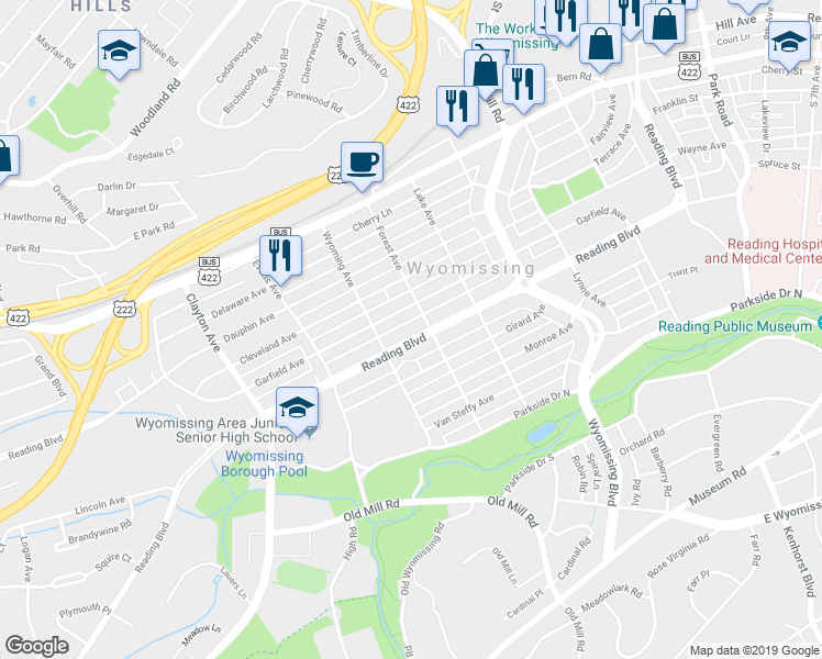 map of restaurants, bars, coffee shops, grocery stores, and more near 1415 Reading Boulevard in Wyomissing
