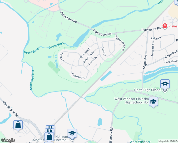 map of restaurants, bars, coffee shops, grocery stores, and more near 26 Dogwood Drive in Plainsboro Township