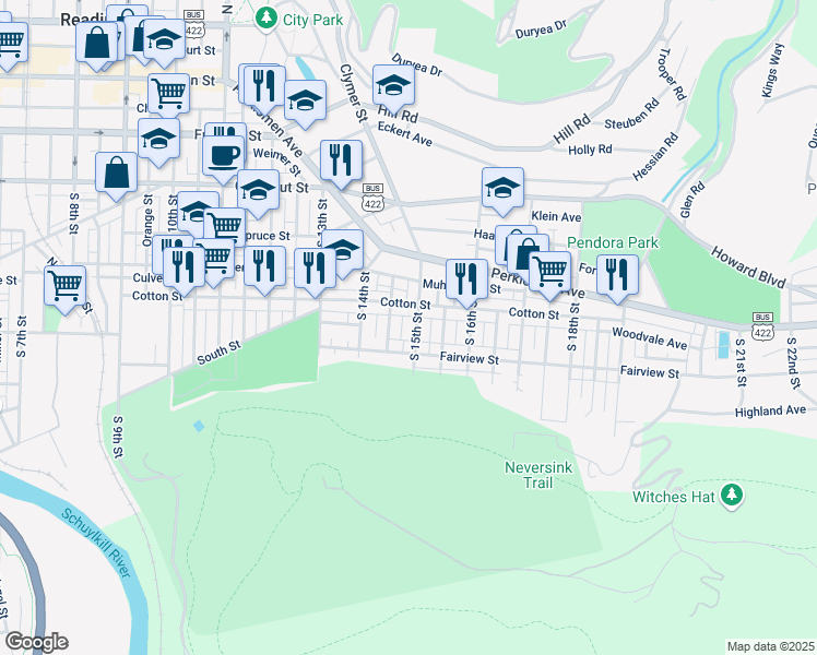 map of restaurants, bars, coffee shops, grocery stores, and more near 542 South 15th Street in Reading