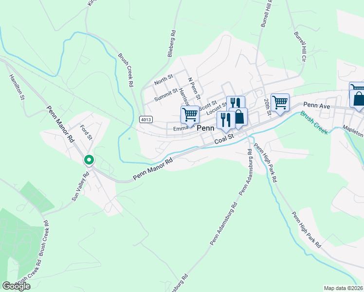 map of restaurants, bars, coffee shops, grocery stores, and more near 901 South Railroad Street in Penn