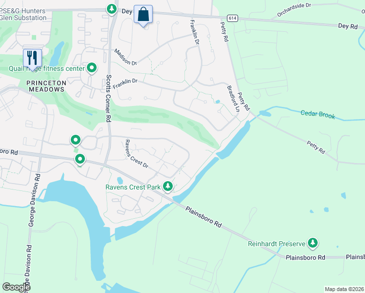 map of restaurants, bars, coffee shops, grocery stores, and more near 1801 Ravens Crest Drive in Plainsboro Township