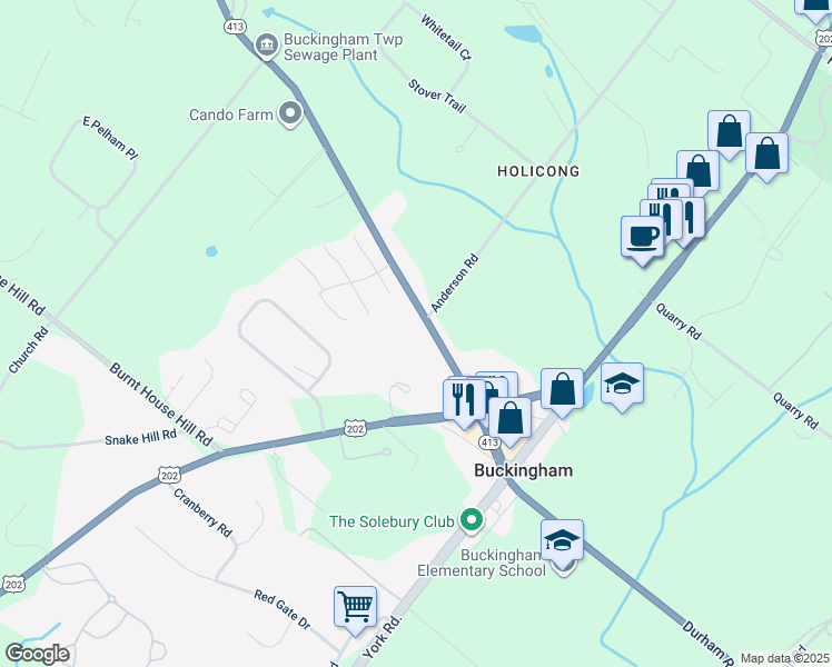 map of restaurants, bars, coffee shops, grocery stores, and more near 2692 Durham Road in Doylestown