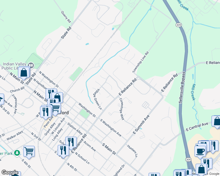 map of restaurants, bars, coffee shops, grocery stores, and more near 65 Whethersfield Circle in Telford