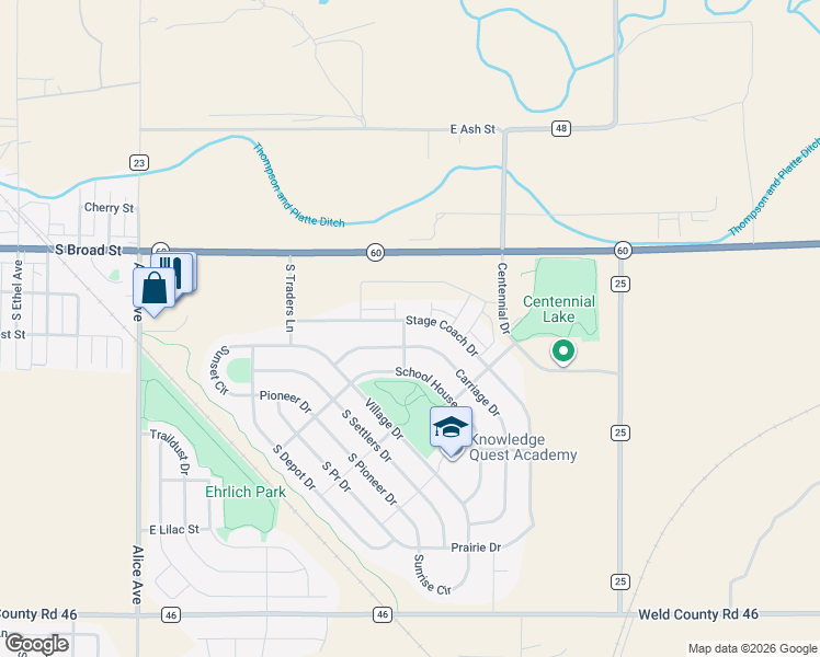 map of restaurants, bars, coffee shops, grocery stores, and more near 2432 Stage Coach Drive in Milliken