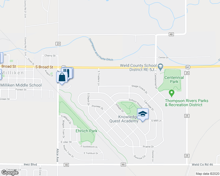 map of restaurants, bars, coffee shops, grocery stores, and more near 2192 Stage Coach Drive in Milliken